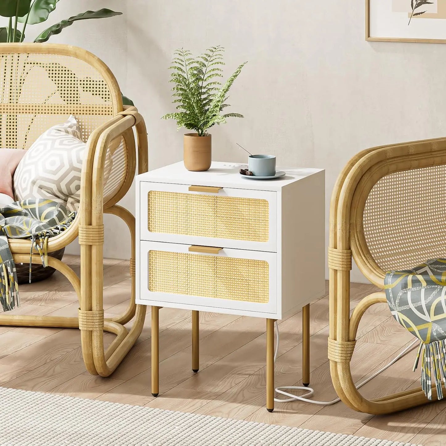 XIUWO Nightstand With Charging Station Rattan Bedside Table