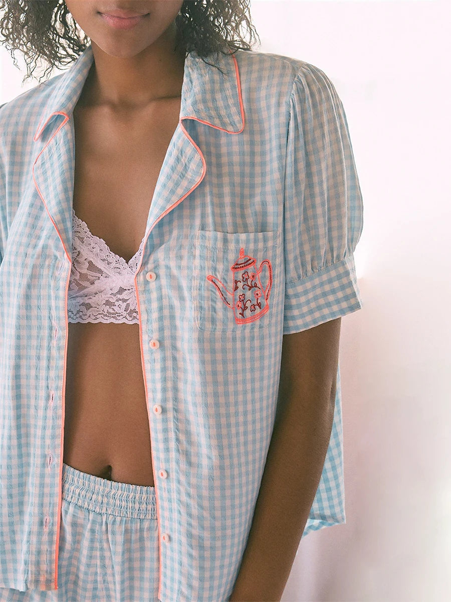 Hirigin Women Plaid Pajama Set Short Sleeve Shorts