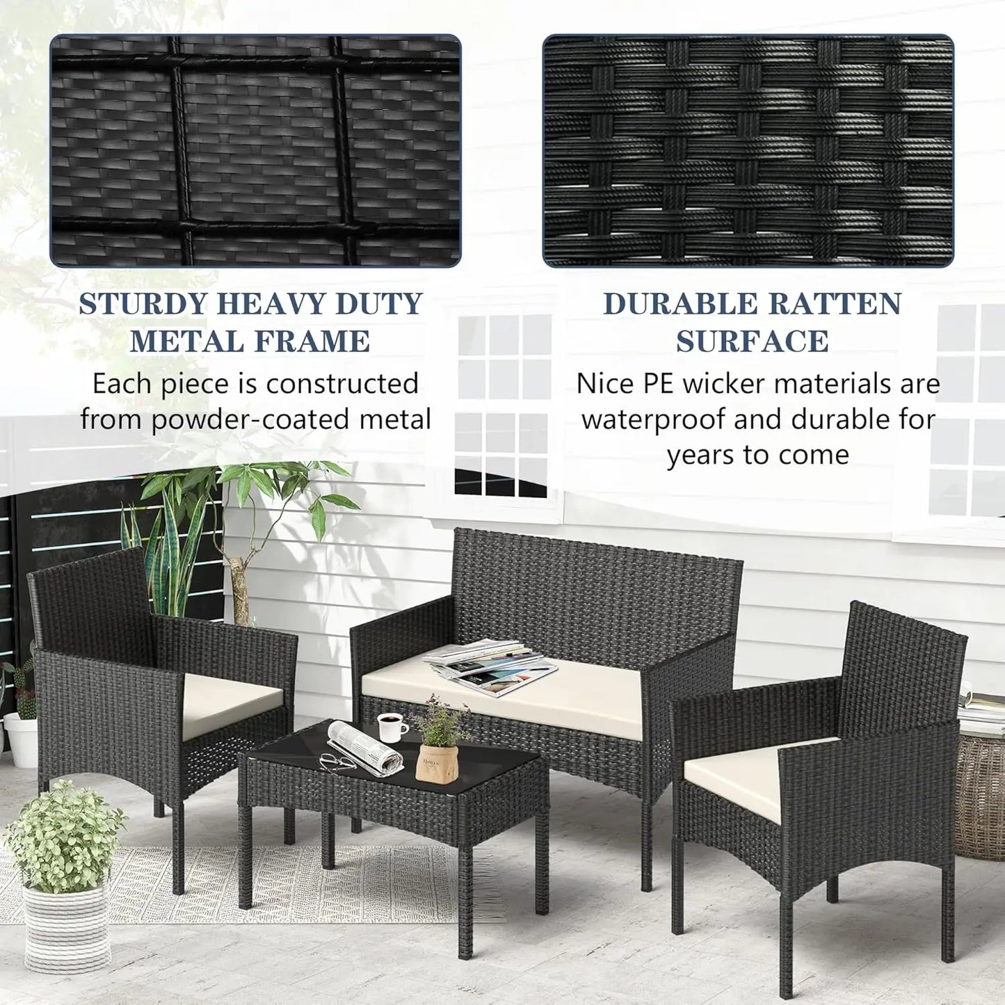 4 Piece Outdoor Patio Furniture Set Wicker Rattan With Waterproof Cushions