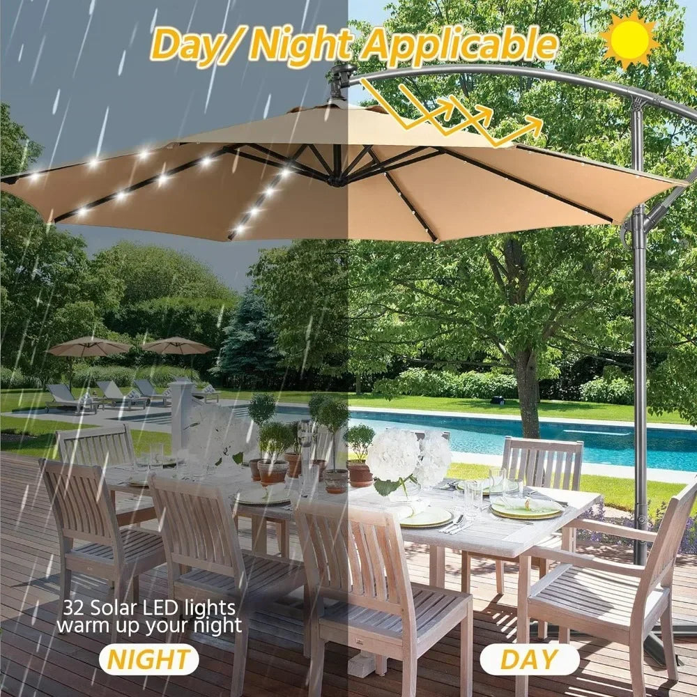 Solar Offset Cantilever Umbrella With LED Lights And Crank Base