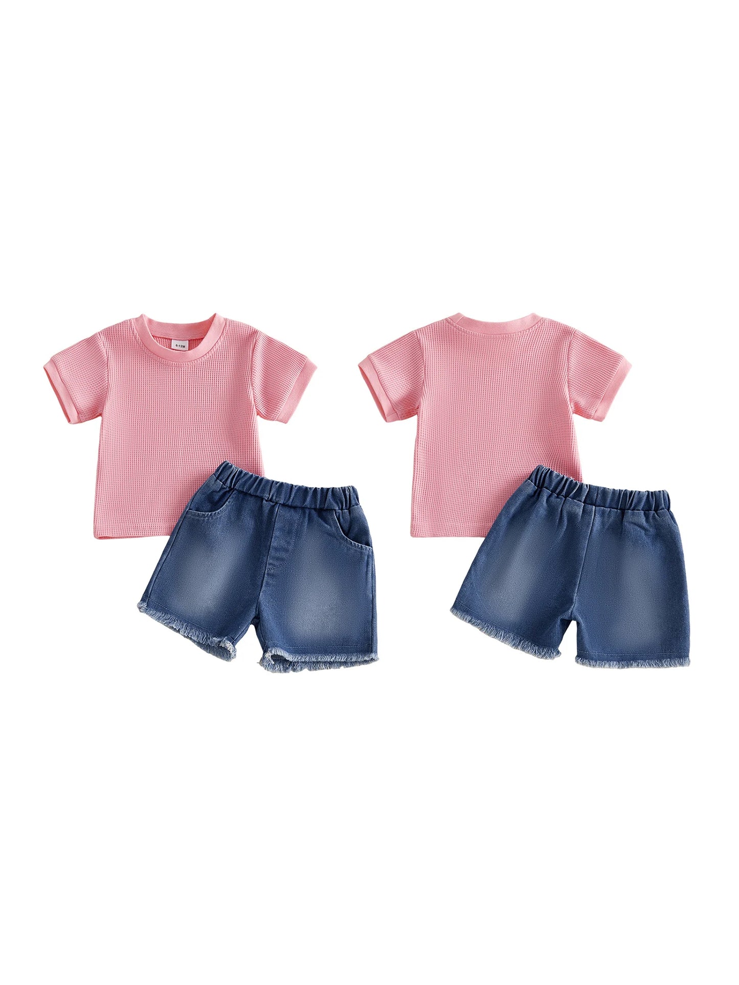 Two-Piece Infant Summer Outfit Set Crew Neck Tops Denim Shorts