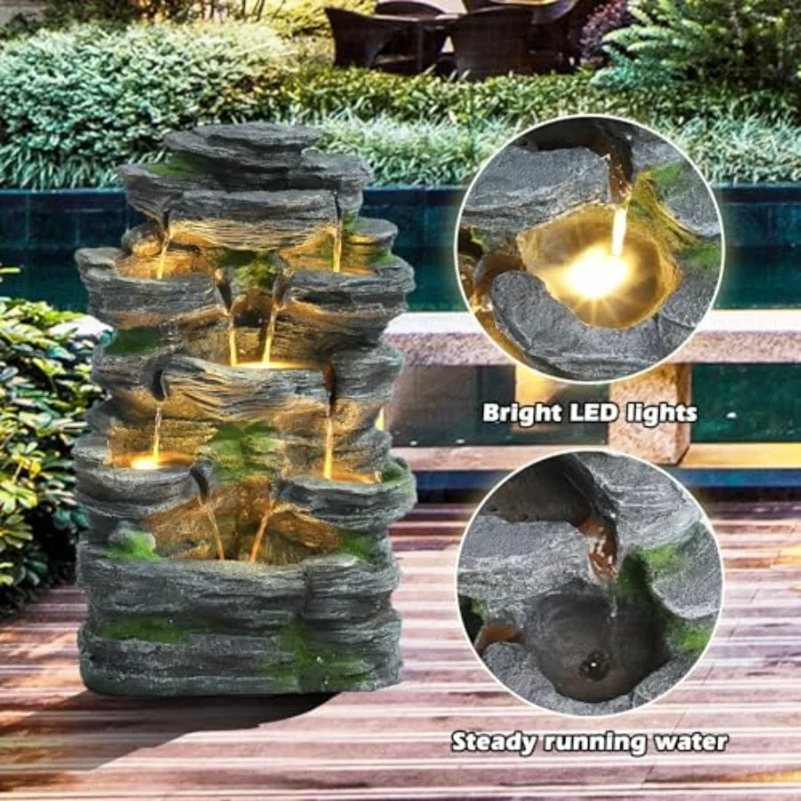 7 Tier Cascading Rock Water Fountain With LED Lights Outdoor