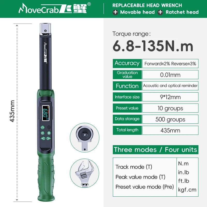 MoveCrab Digital Torque Wrench With Interchangeable Heads 6.8-135 Nm