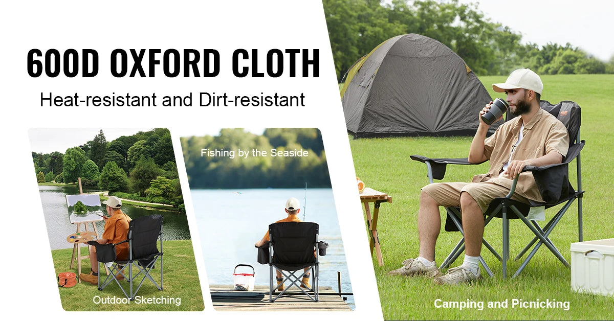 VEVOR Camping Folding Chair For Adults Quad Lumbar Back Padded With Side Pockets