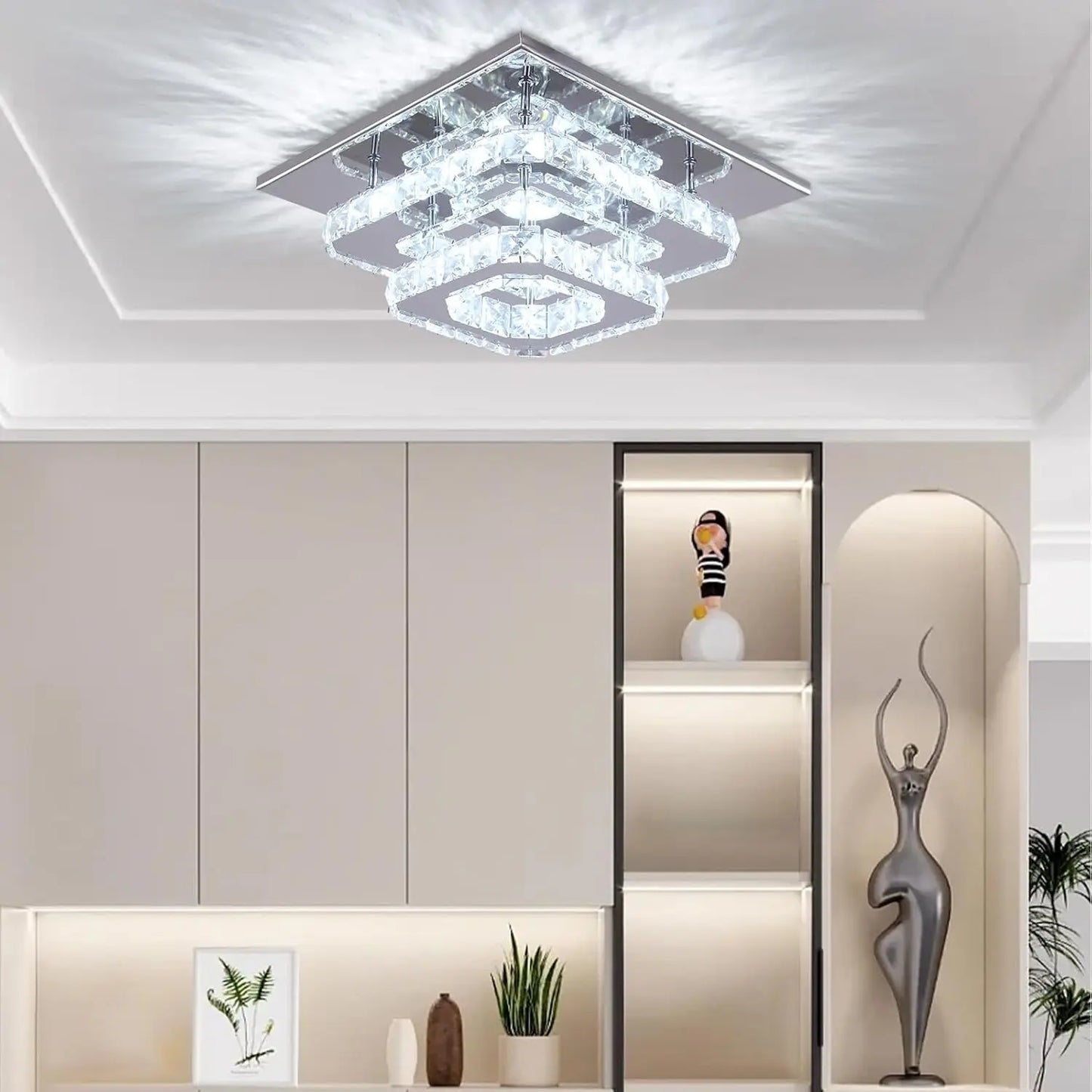 FRIXCHUR Crystal Flush Mount LED Ceiling Light Square K9 Mirror Base