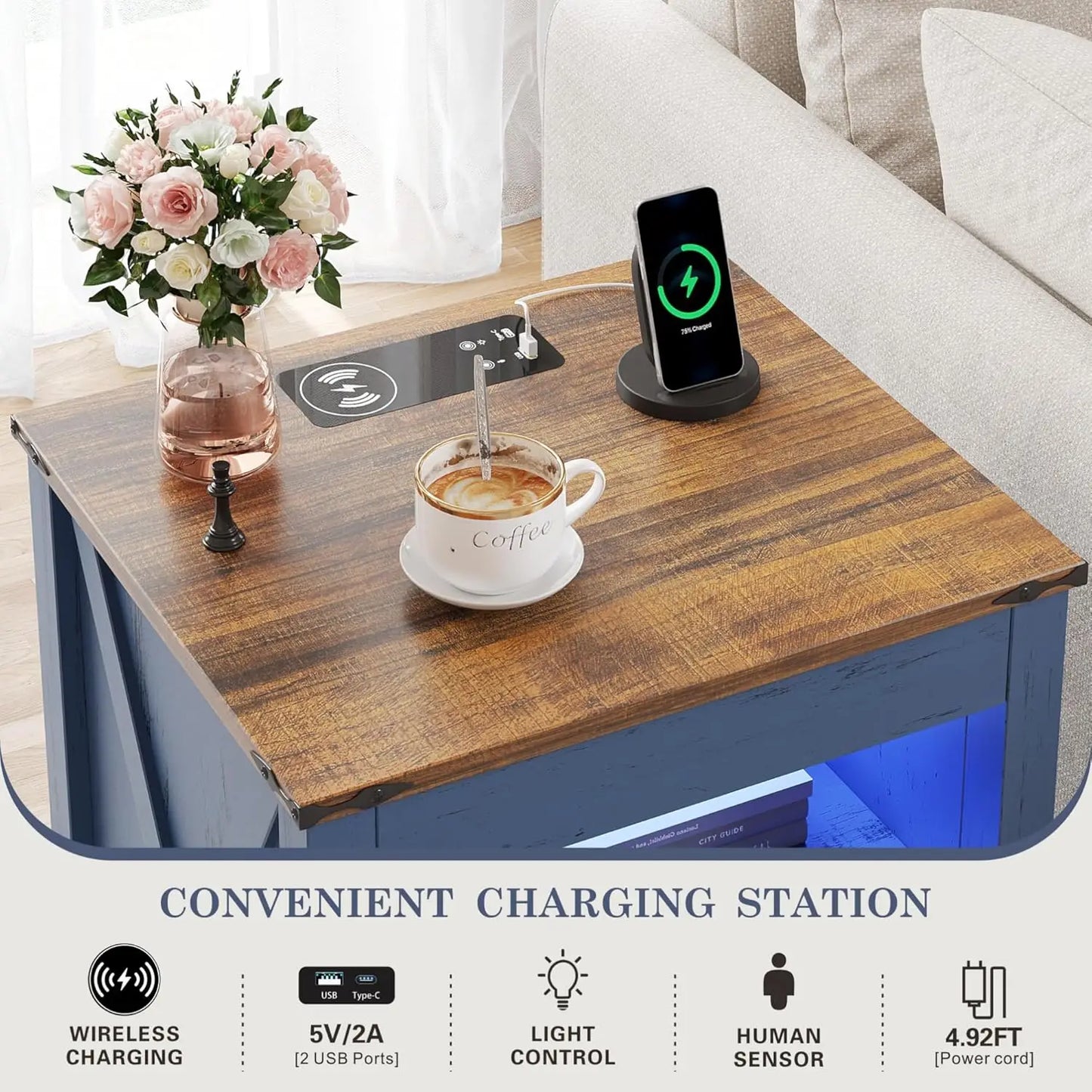 Frame LED Nightstand With Gun Drawer And Charging Station