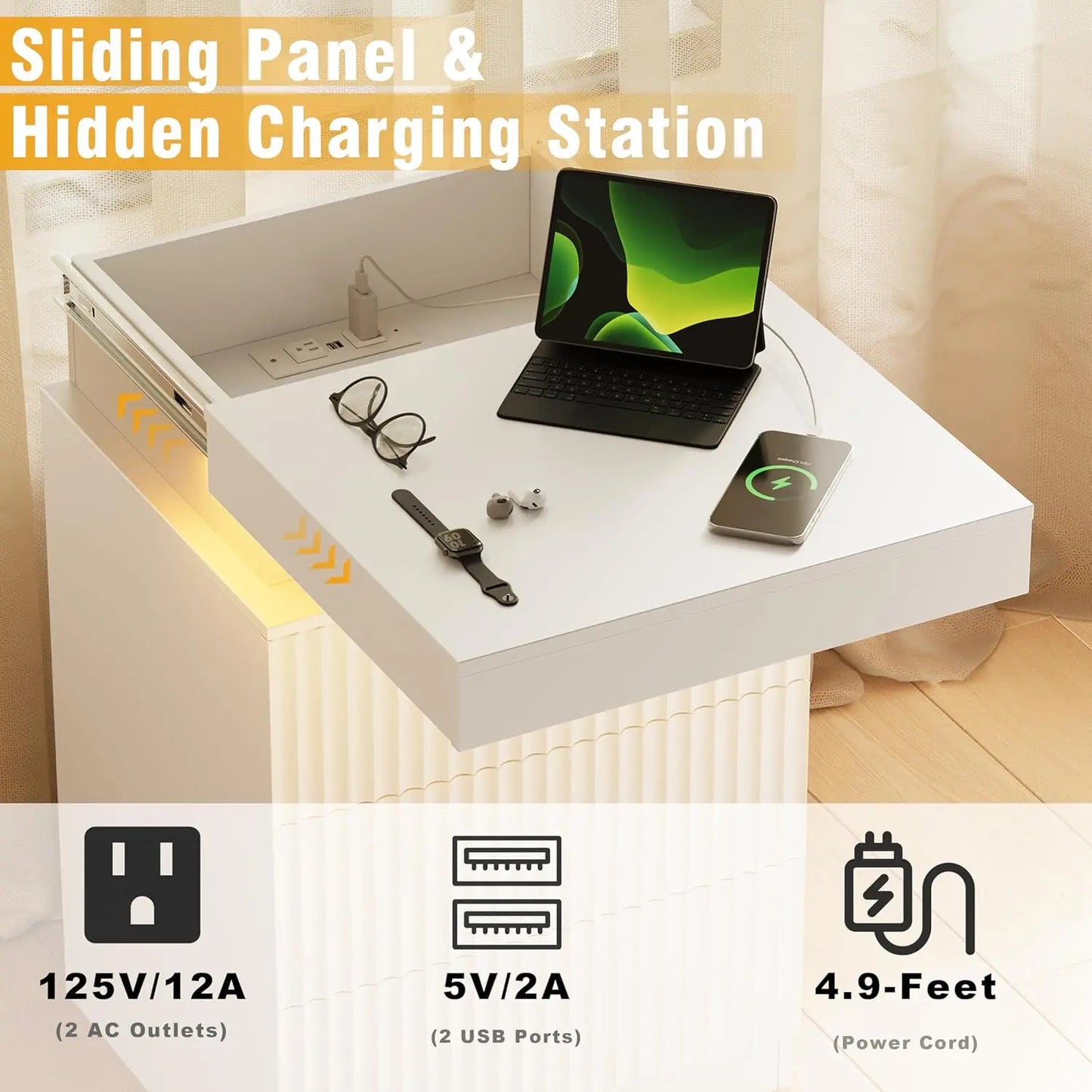 Nightstands Set of 2 LED Charging Station Mid Century Modern