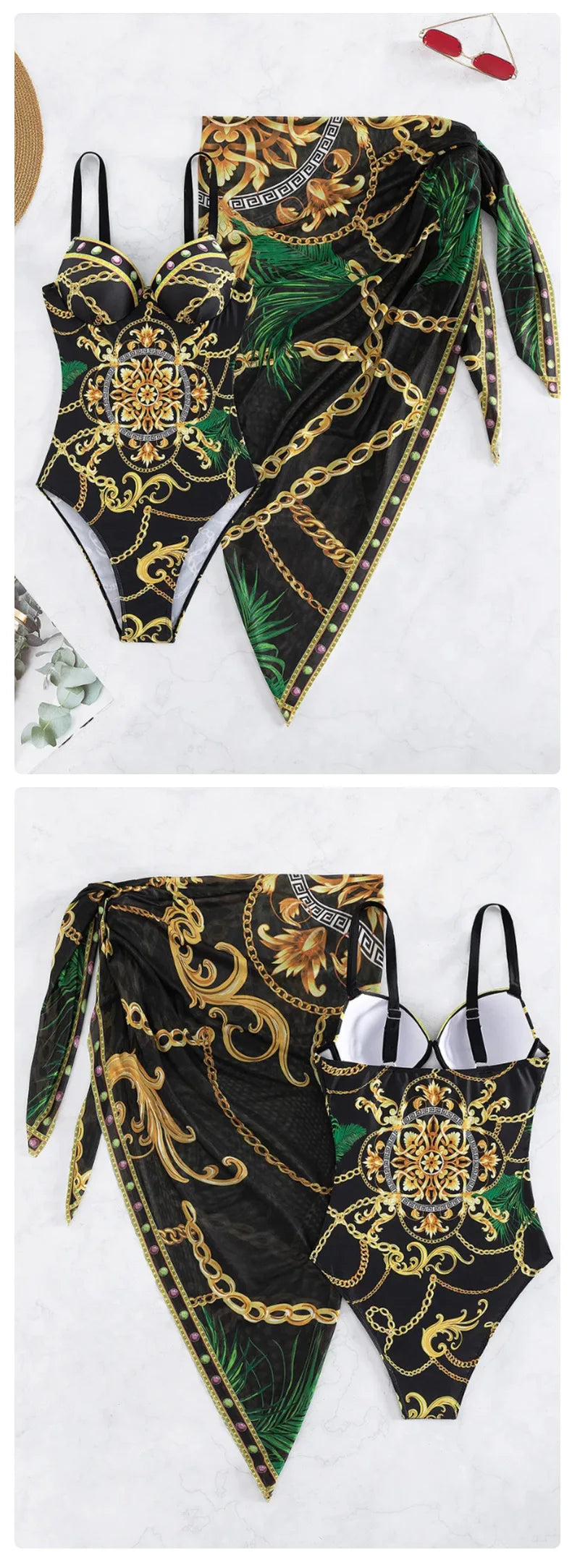 Underwire Push Up Women's Two Piece Bikini Swimsuit Chains Print