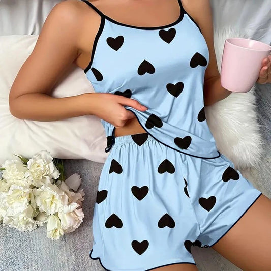 Women Pajama Set Sleeveless T Shirt Shorts Heart Print Summer