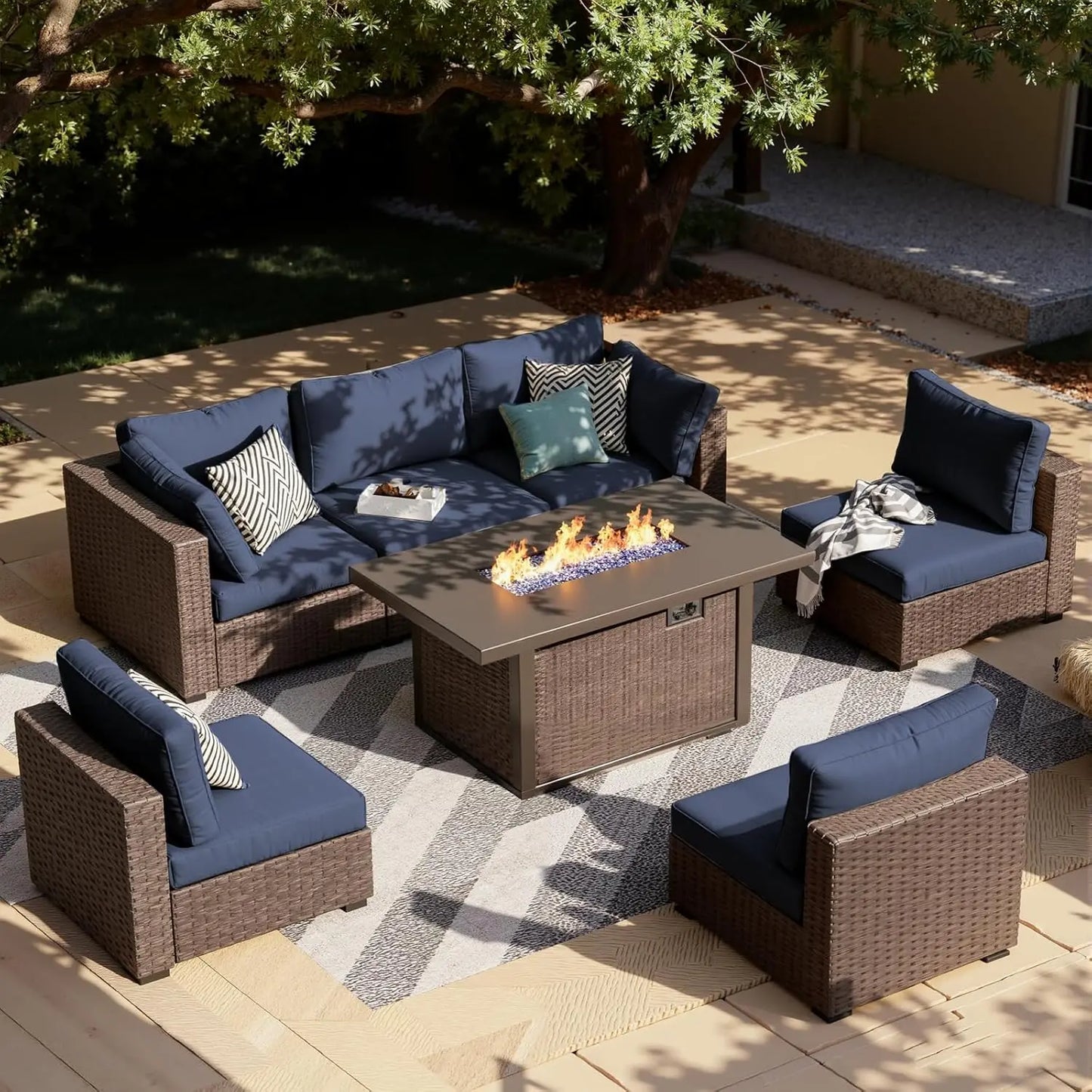 XIAOLANG 7-Piece Outdoor Patio Sectional Sofa Set With Firepit Table