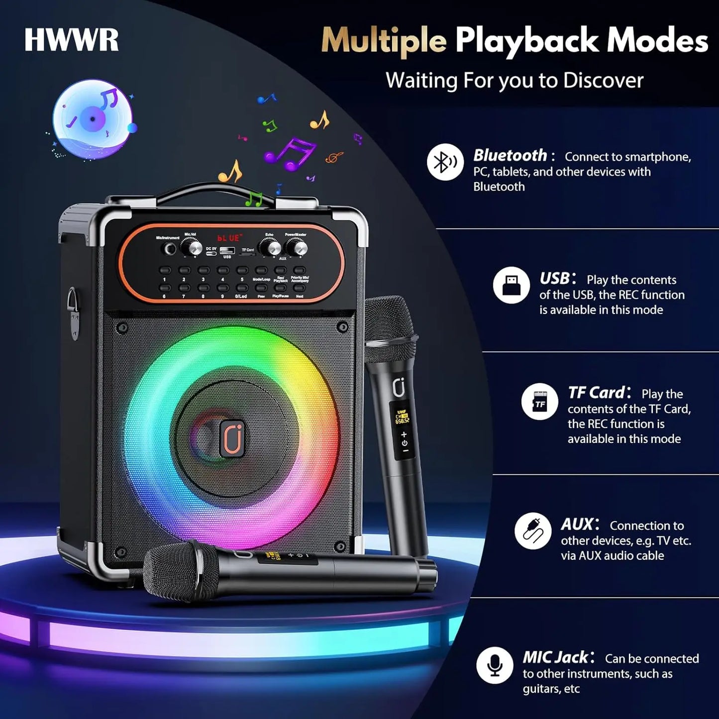 Portable Karaoke Machine With Bluetooth Speaker And Wireless Microphones