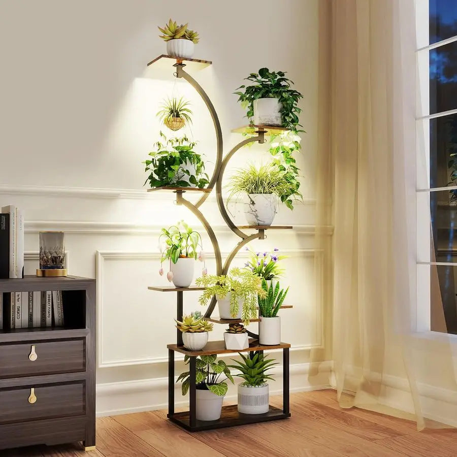 Indoor Plant Stand With Grow Lights S Shaped Rustic Wood