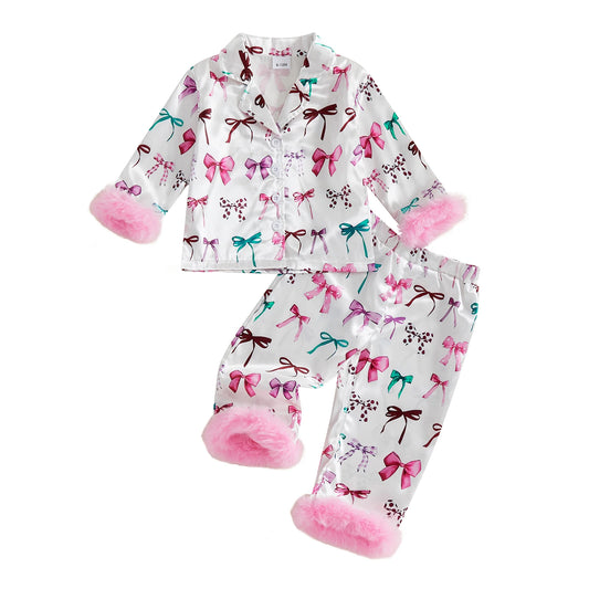 Meihuida Toddler Girl Christmas Pajamas Set With Festive Bow Print
