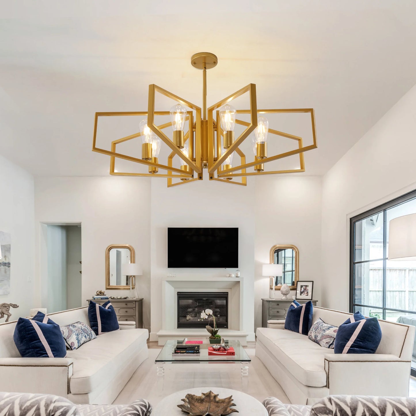 Geometric 8-Light Adjustable Height Chandelier Black Frame And Gold Accents