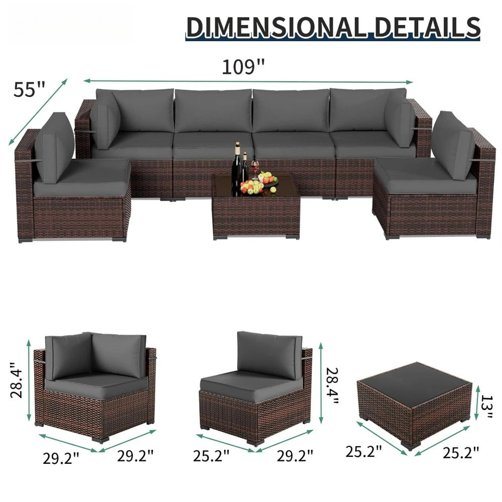 Patio 7-Piece Outdoor Rattan Sofa Set With Glass Coffee Table