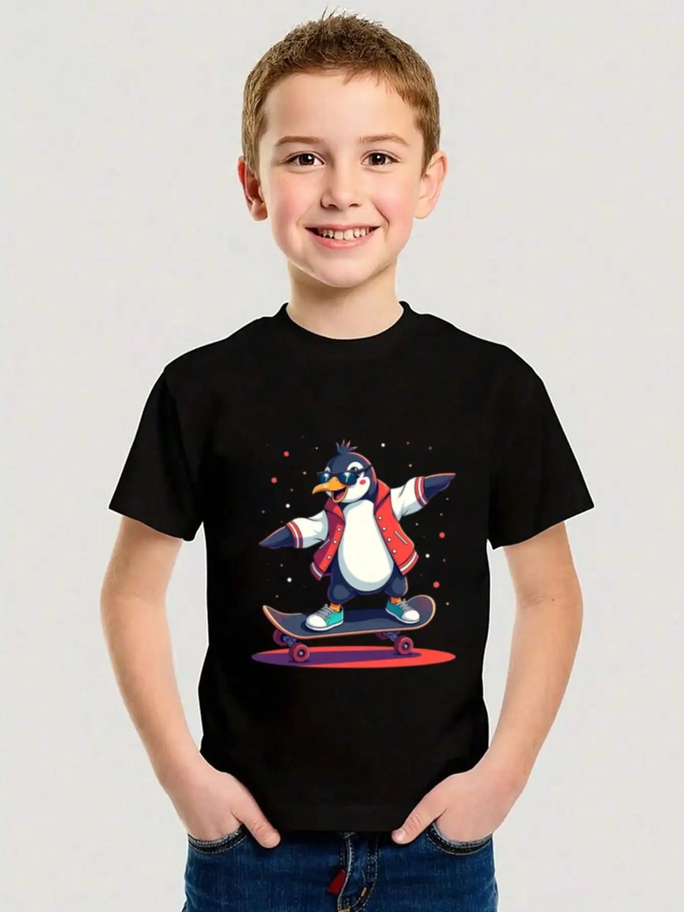 Kids Penguin Graphic Cotton Tee Unisex Skater Style Shirt