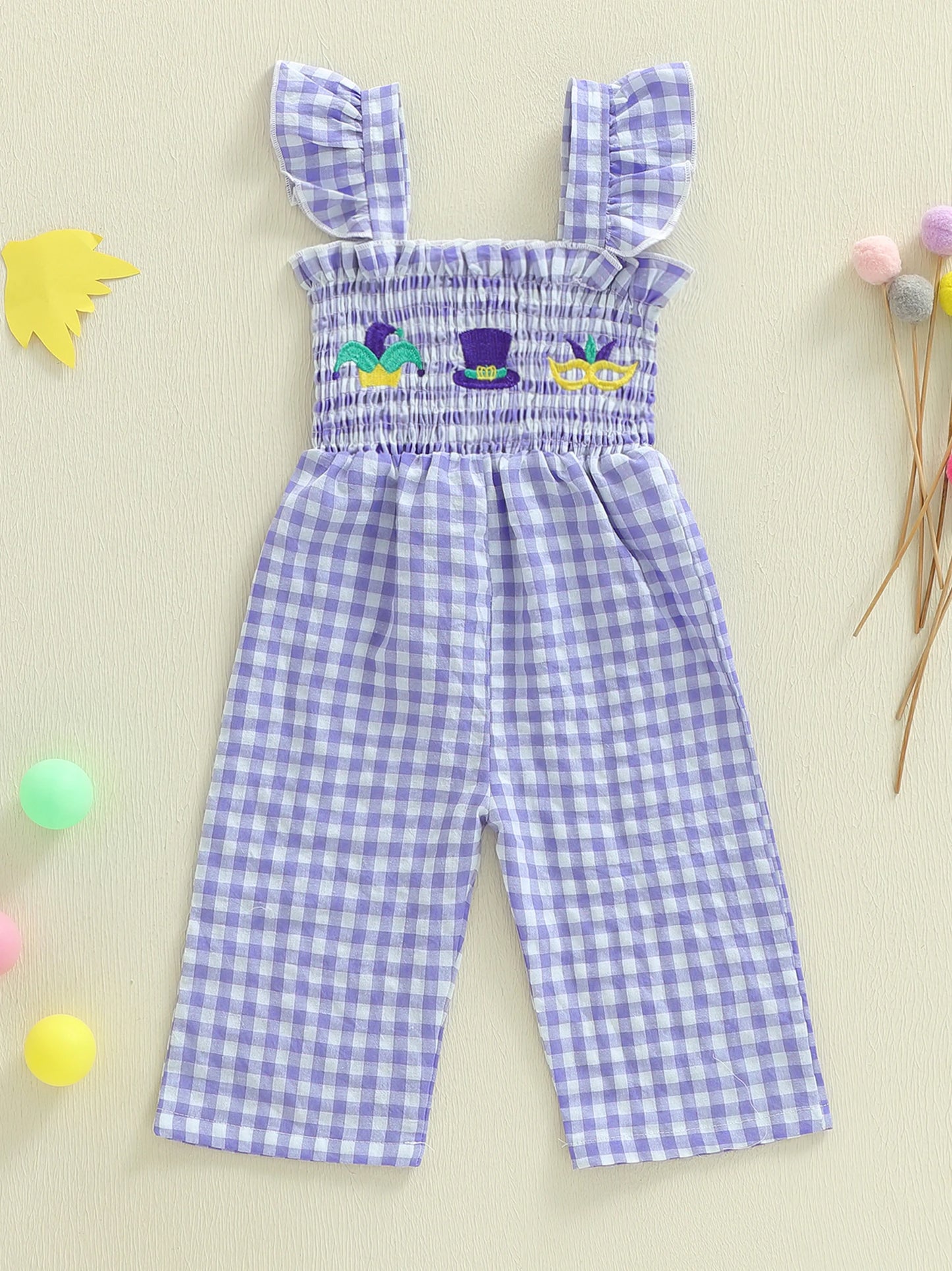 Girls Floral Embroidered Plaid Jumpsuit with Ruffle Sleeves