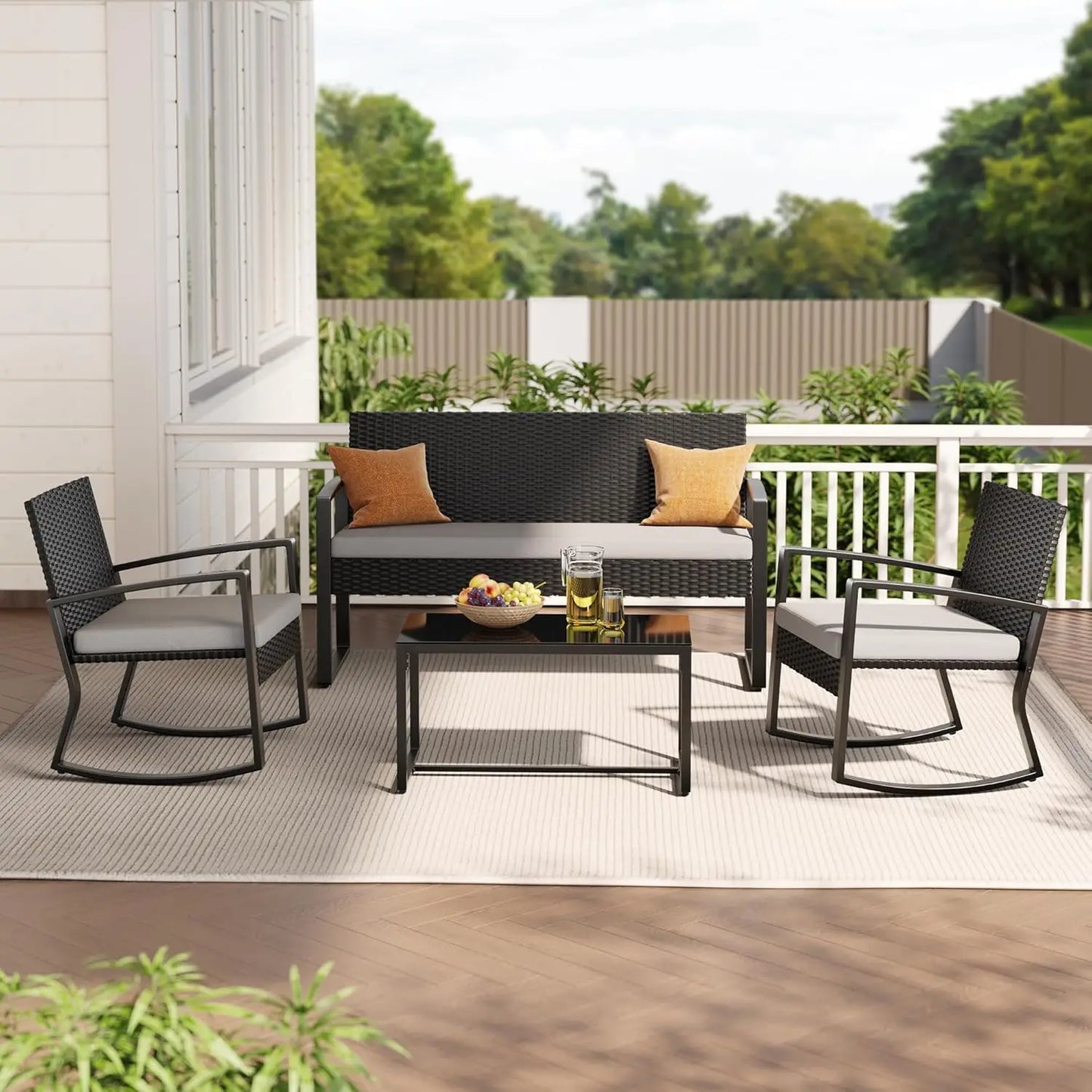 GUANGBAI 4 Piece Patio Furniture Set Wicker With Glass Table