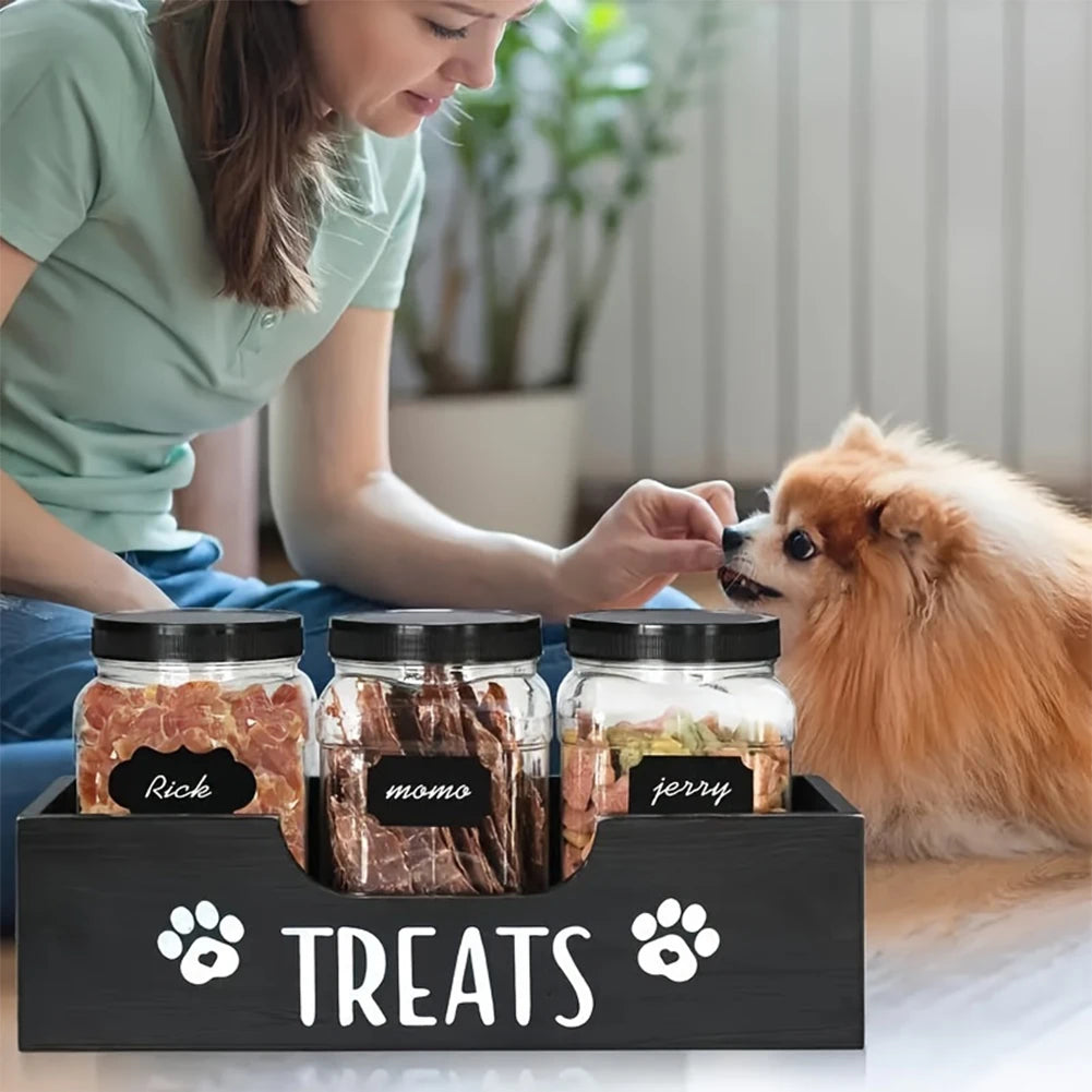 Wooden Dog Food Storage Holder With 3 Treat Jars Airtight