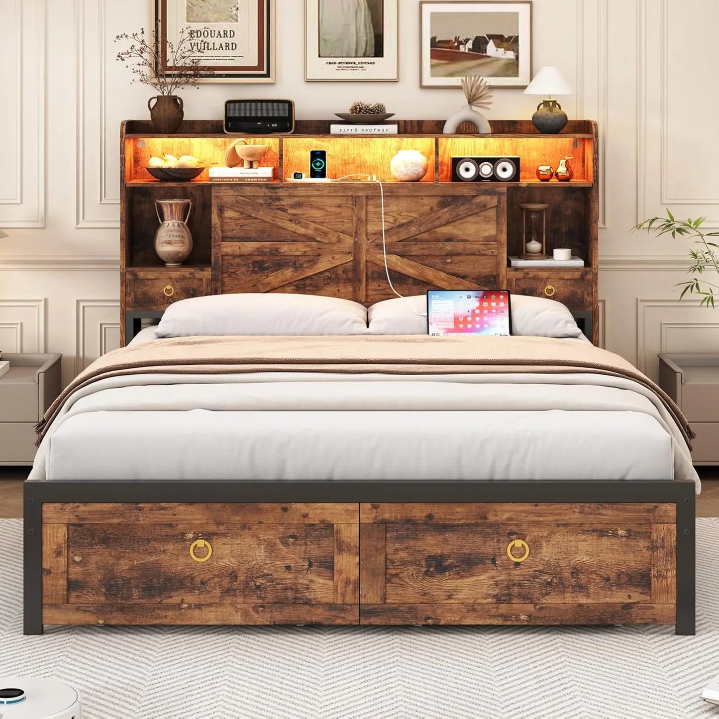 Farmhouse Metal Bed Frame With LED Lights And Charging Station