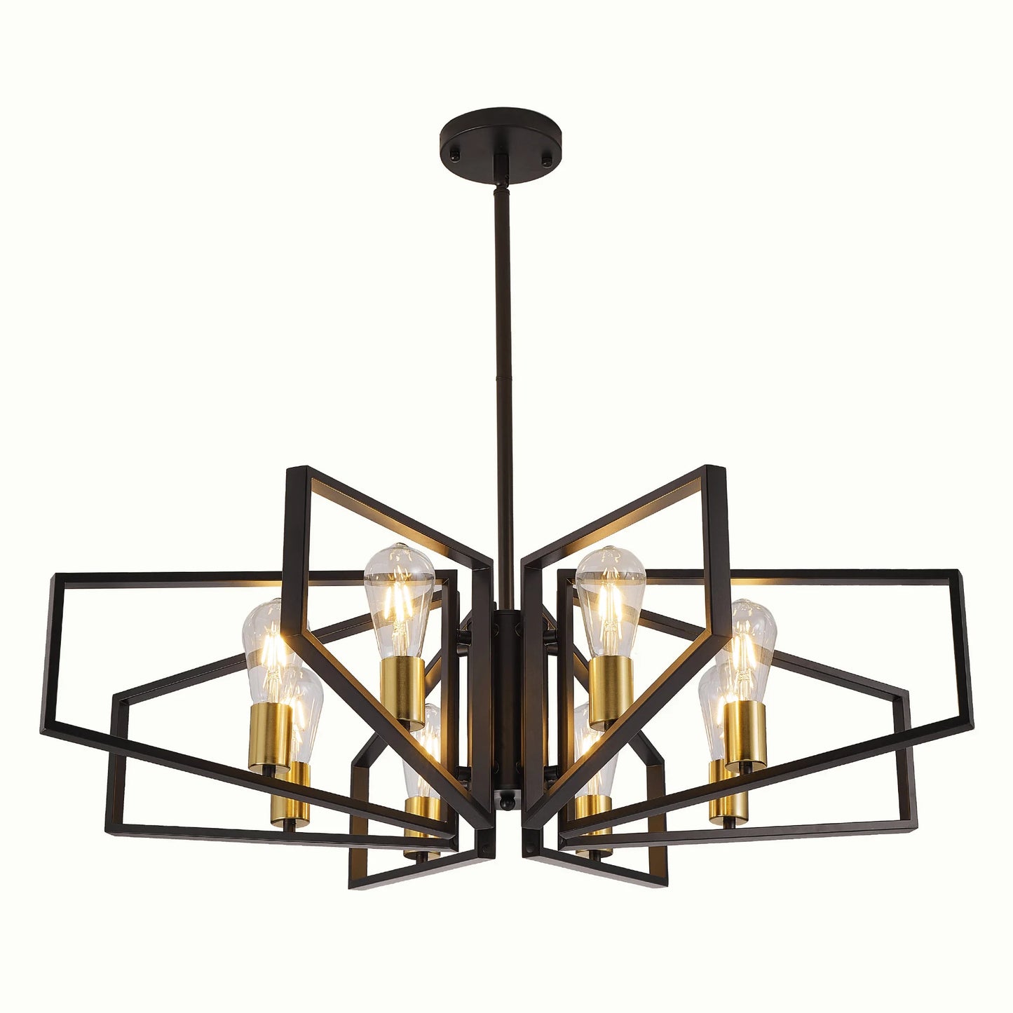 Geometric 8-Light Adjustable Height Chandelier Black Frame And Gold Accents
