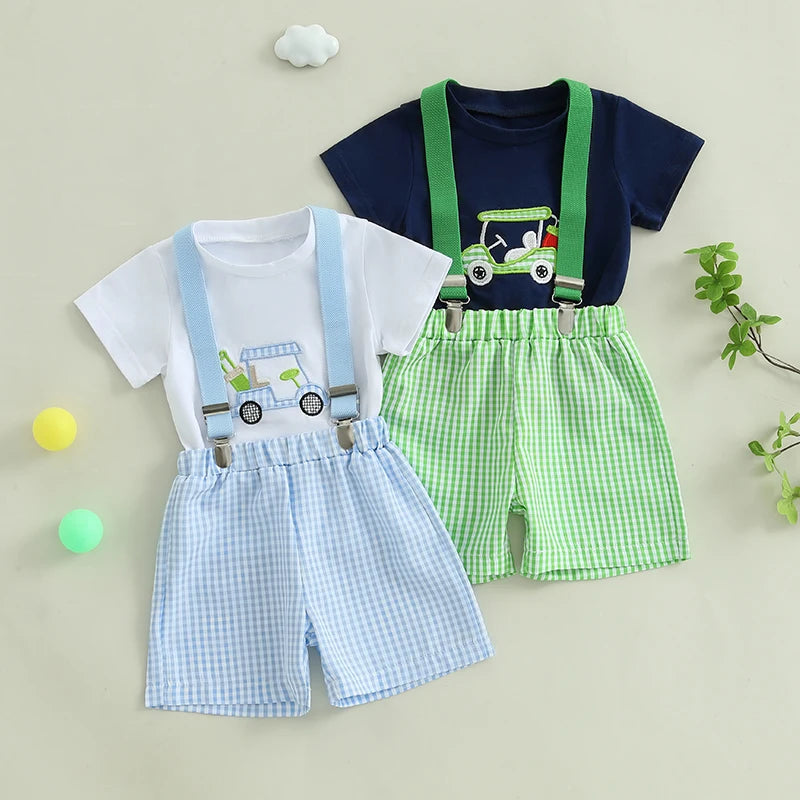 Unisex Dinosaur Print Summer Tee And Plaid Shorts Set