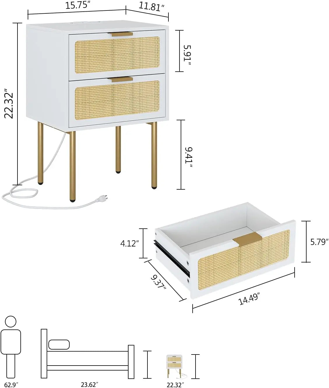 XIUWO Nightstand With Charging Station Rattan Bedside Table