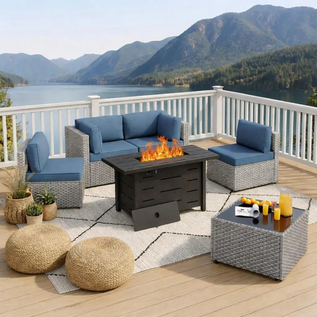 PE Rattan Sofa Set With Fire Pit Table And Cushions