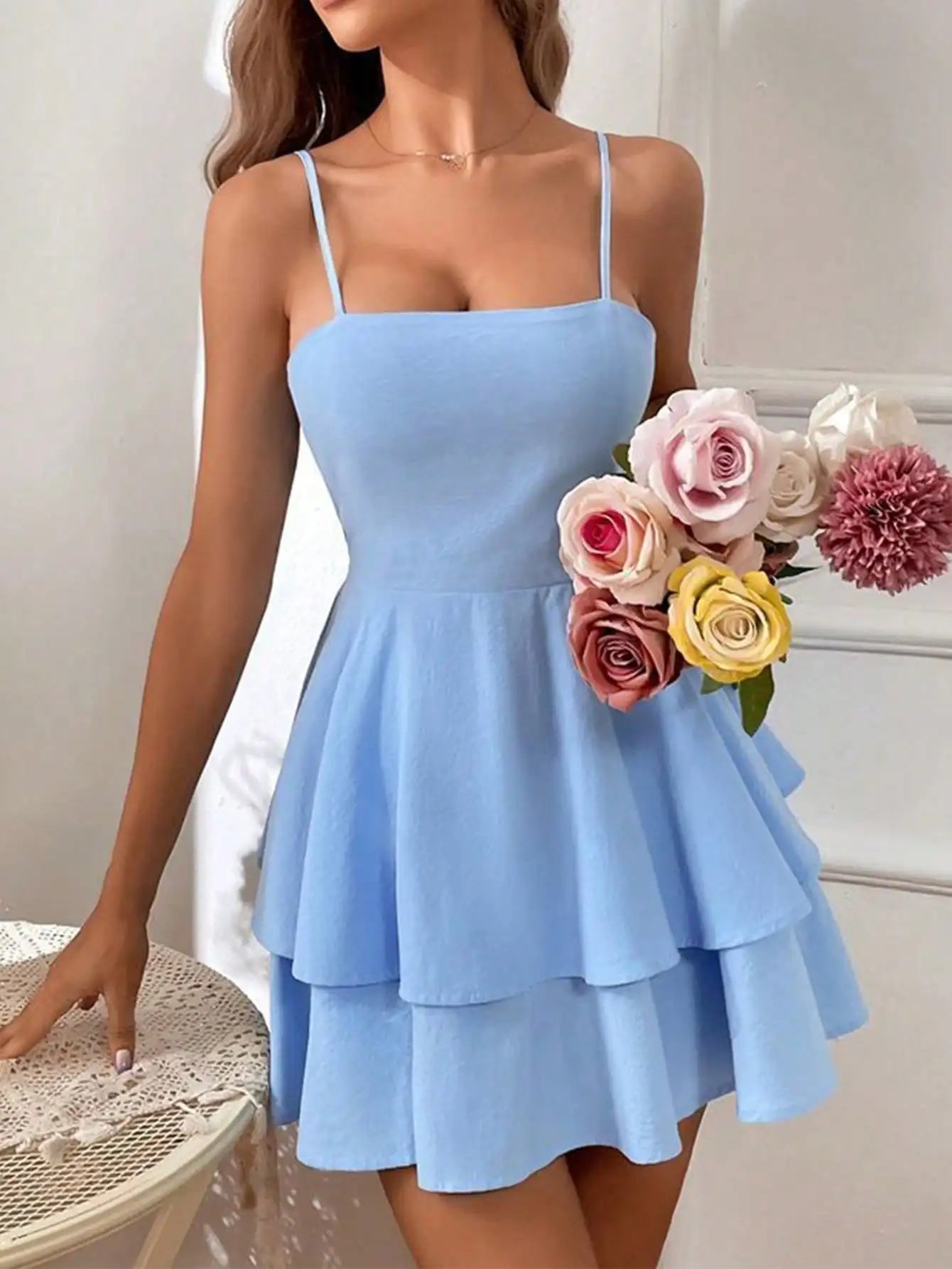 SDNGEDCN Womens Thin Strap Layered Mini Dress For Party