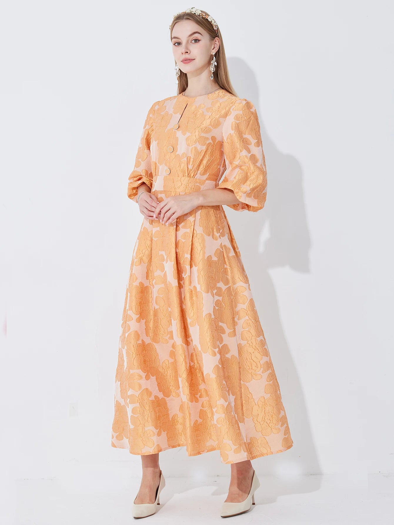 DEVCHATACN Elegant Jacquard Dress With Fitted Waist And Side Pockets