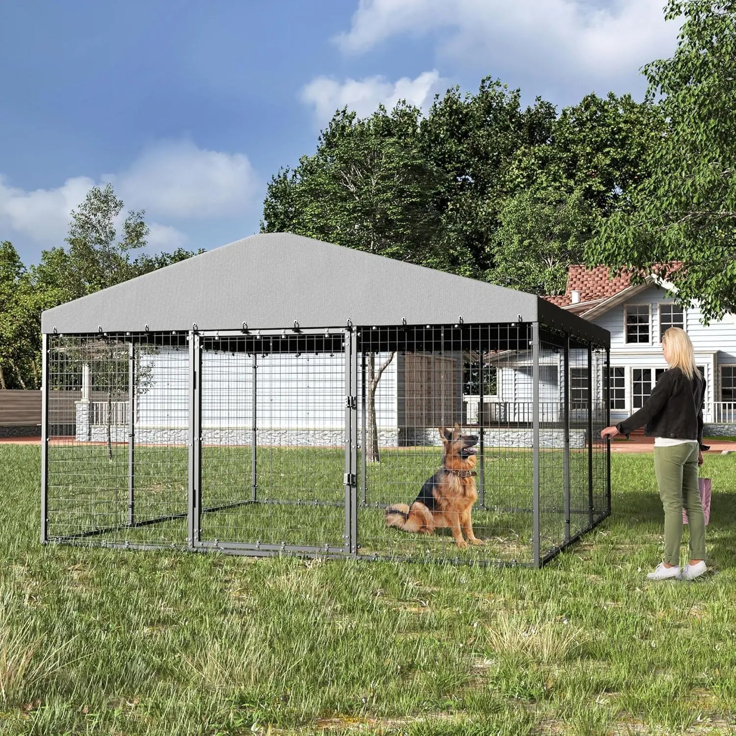 Galvanized Steel Dog Kennel With Double Locks UV Roof Cover