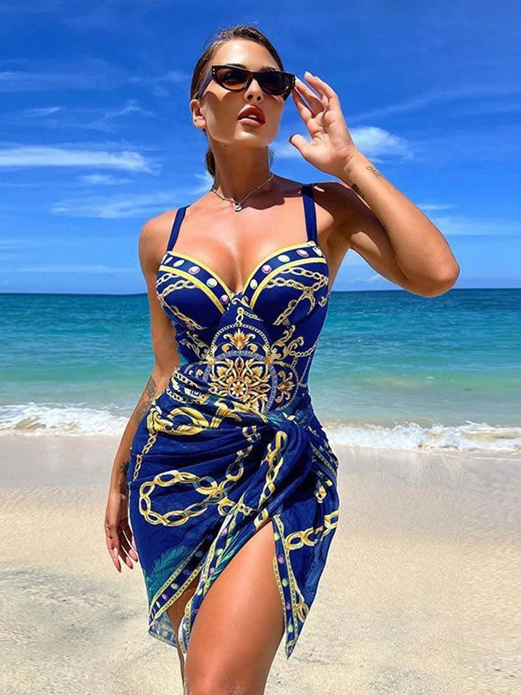 Underwire Push Up Women's Two Piece Bikini Swimsuit Chains Print