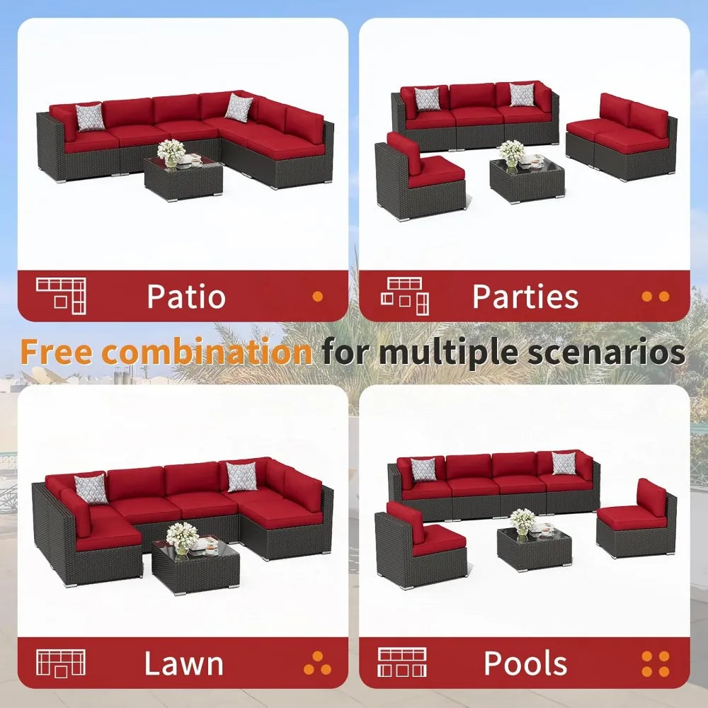 7 Piece Outdoor Patio Furniture Set Rattan Wicker Glass Table