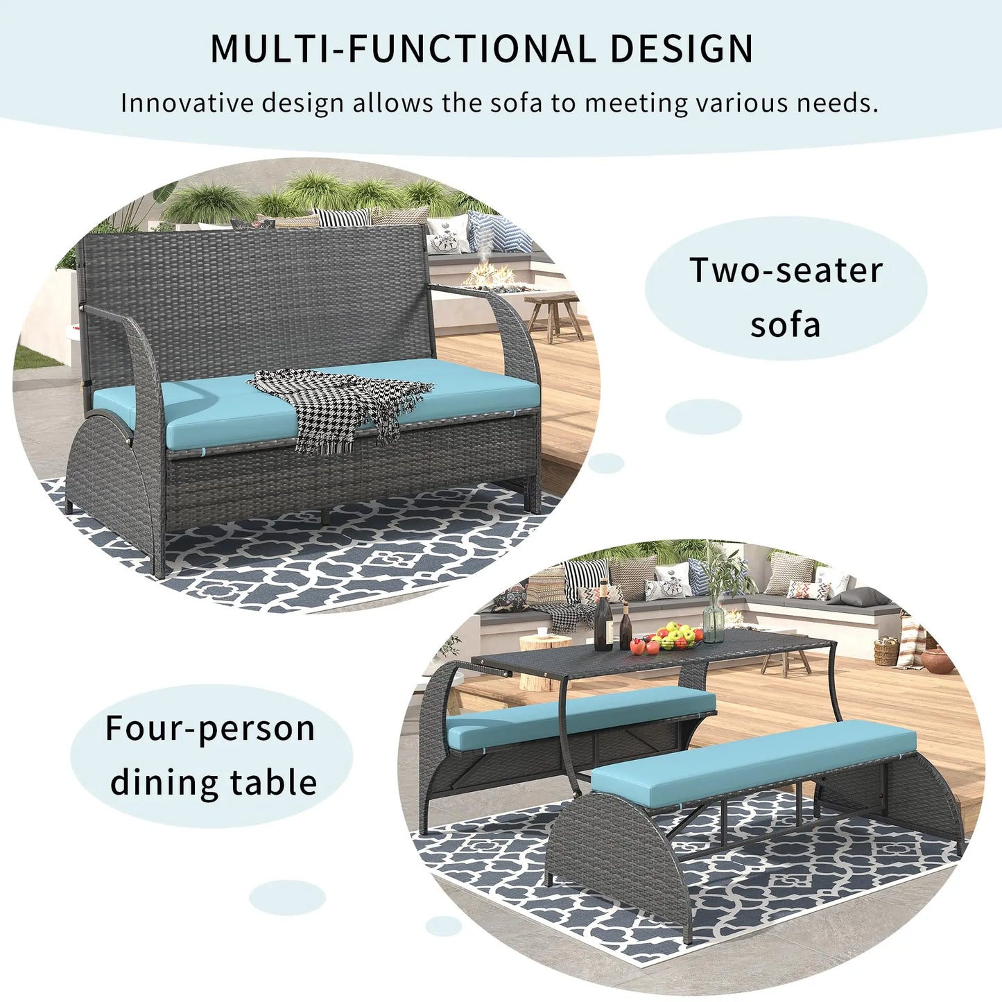 Outdoor Rattan Loveseat Convertible Picnic Bench With Table