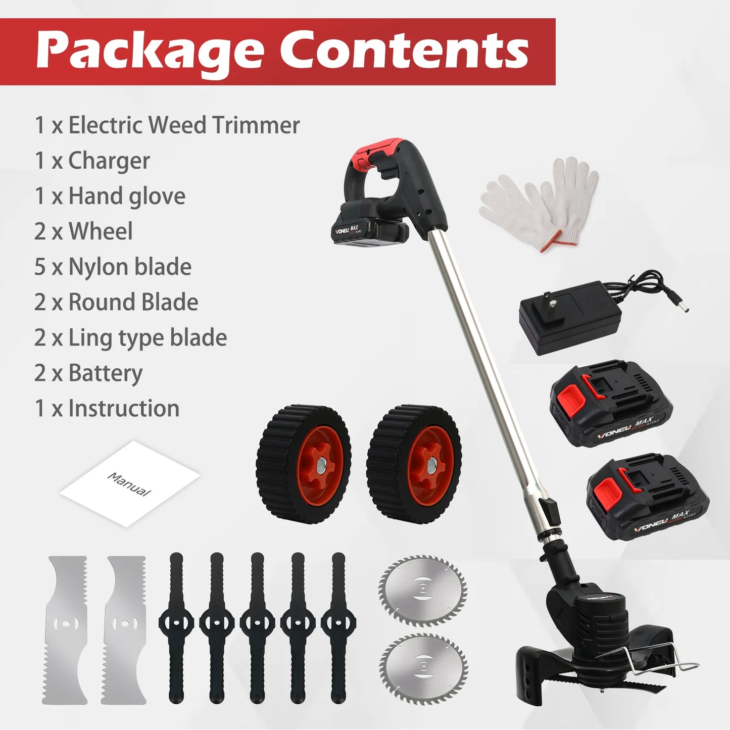Cordless Electric Weed Wacker 21V With 2x2.0Ah Battery