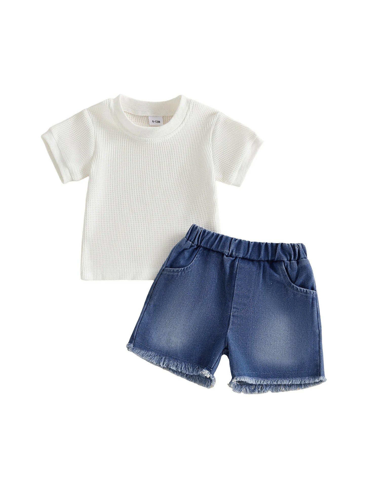 Two-Piece Infant Summer Outfit Set Crew Neck Tops Denim Shorts