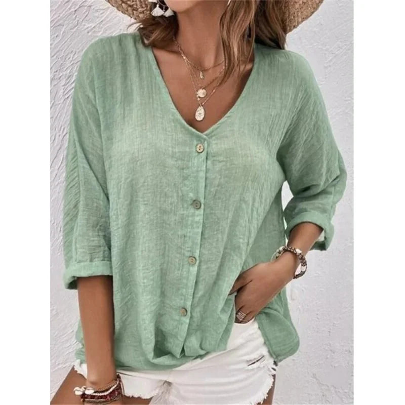 V Neck Long Sleeve T Shirt Button Front Women Topwear