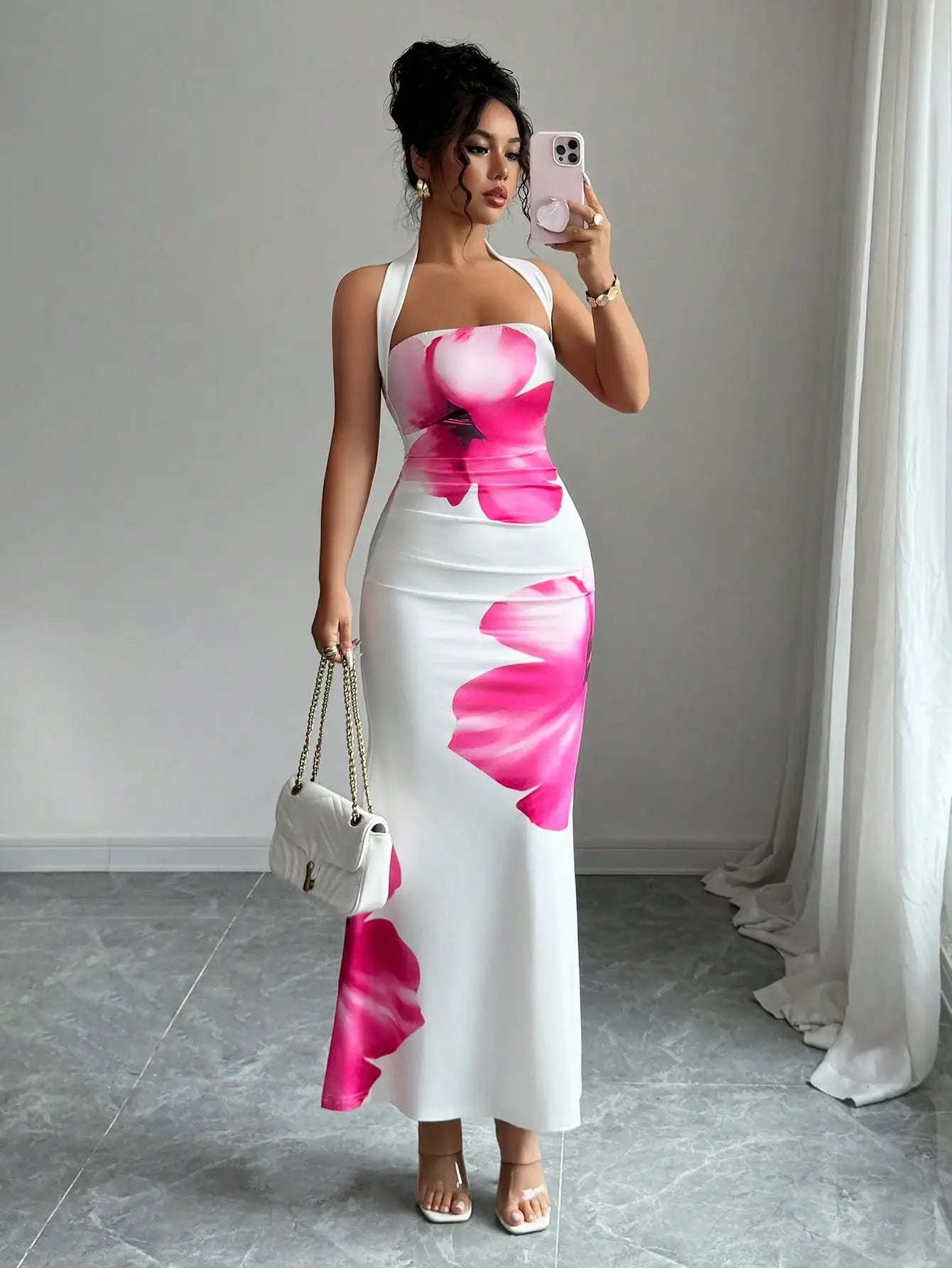 Halter Neck Floral Print Slim Fit Midi Dress For Summer