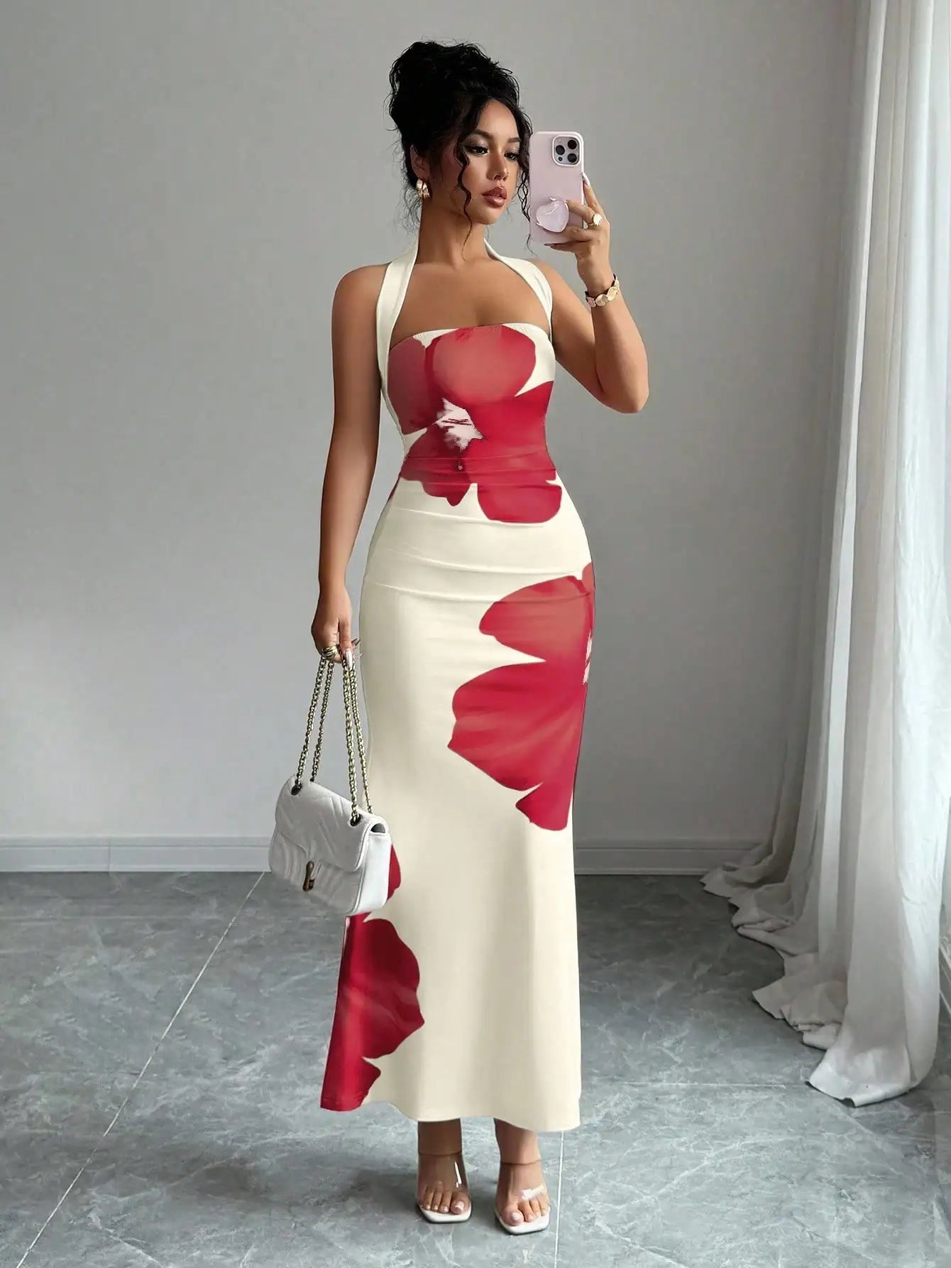 Halter Neck Floral Print Slim Fit Midi Dress For Summer