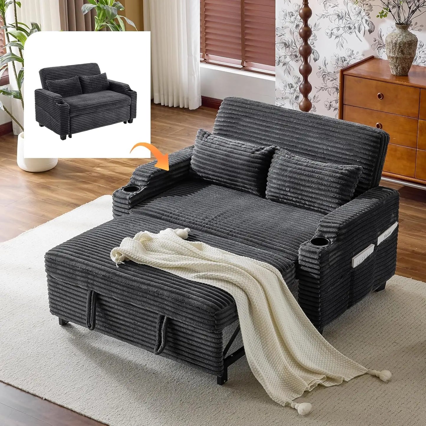 Rustic Futon Sofa Bed Convertible Loveseat With USB Ports