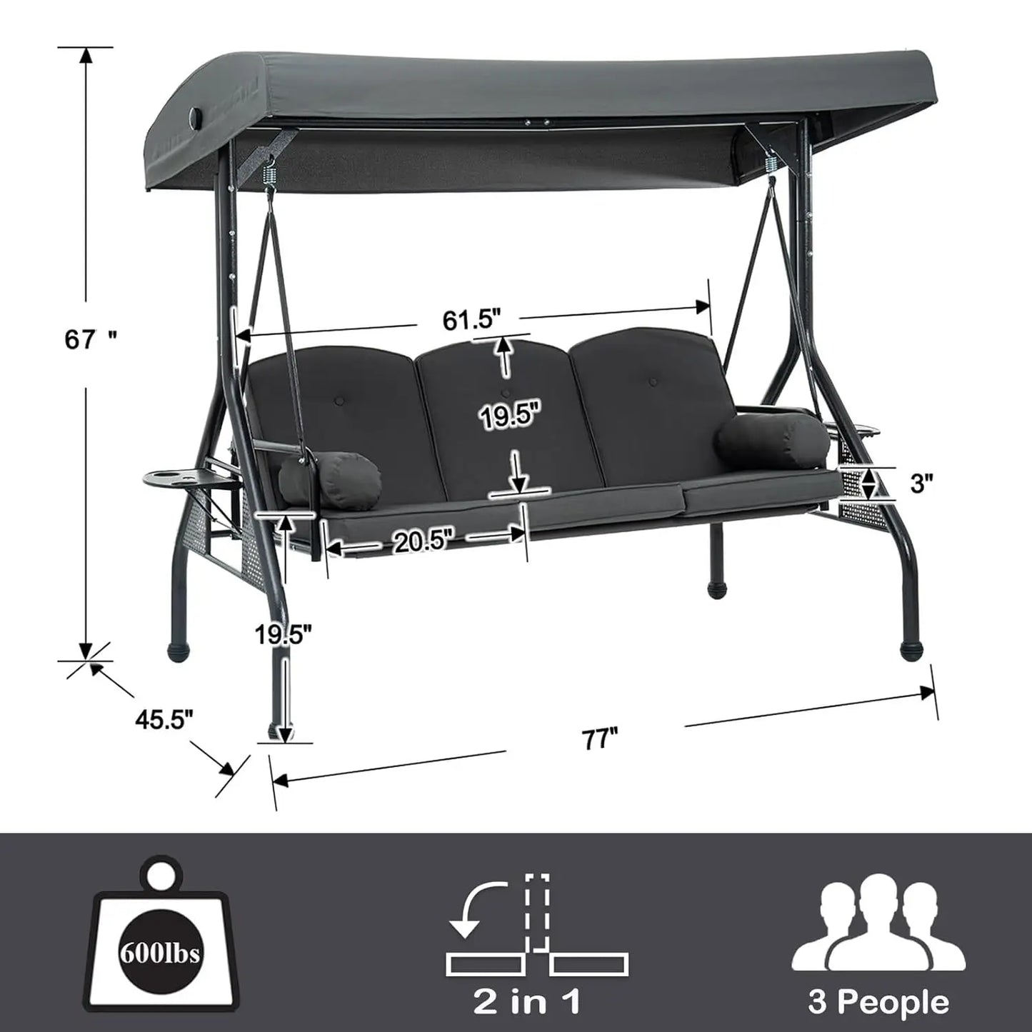 XIAOLANG Patio Swing With Canopy And Cup Holders Weather Resistant
