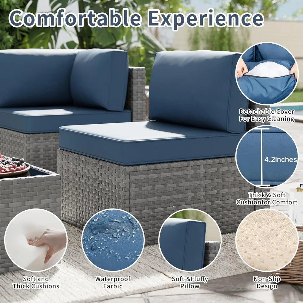 PE Rattan Sofa Set With Fire Pit Table And Cushions