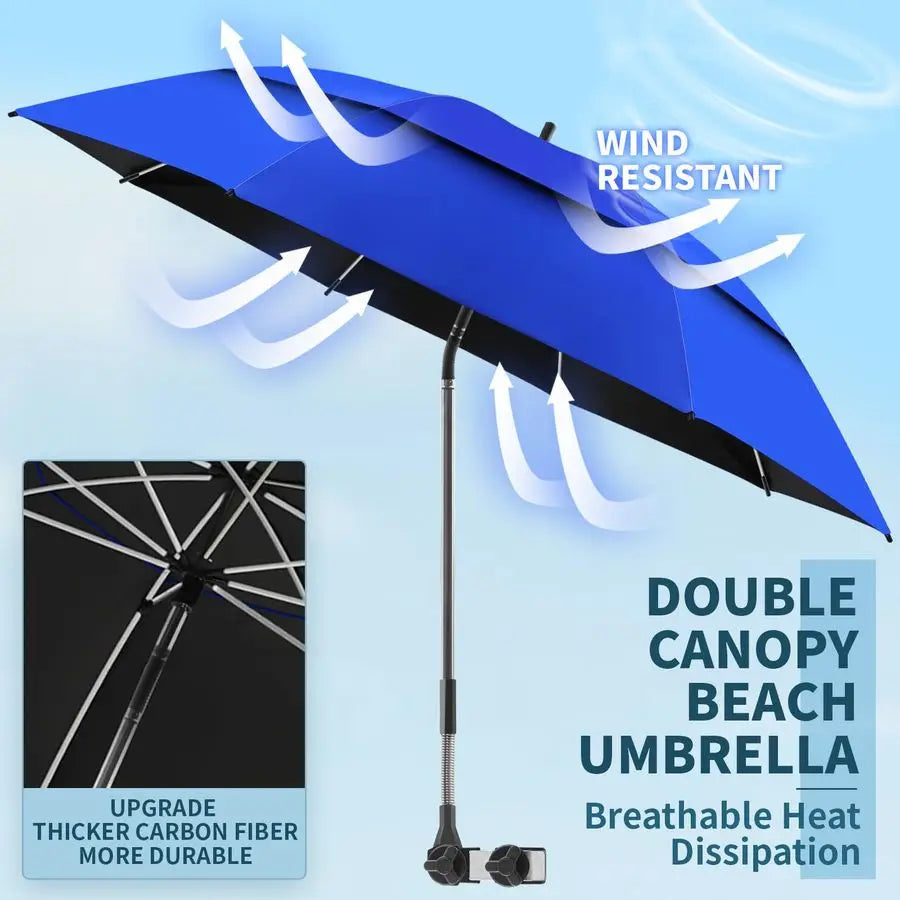 Double Canopy Beach Umbrella With Clamp Clip UPF50 360 Degree Adjustable