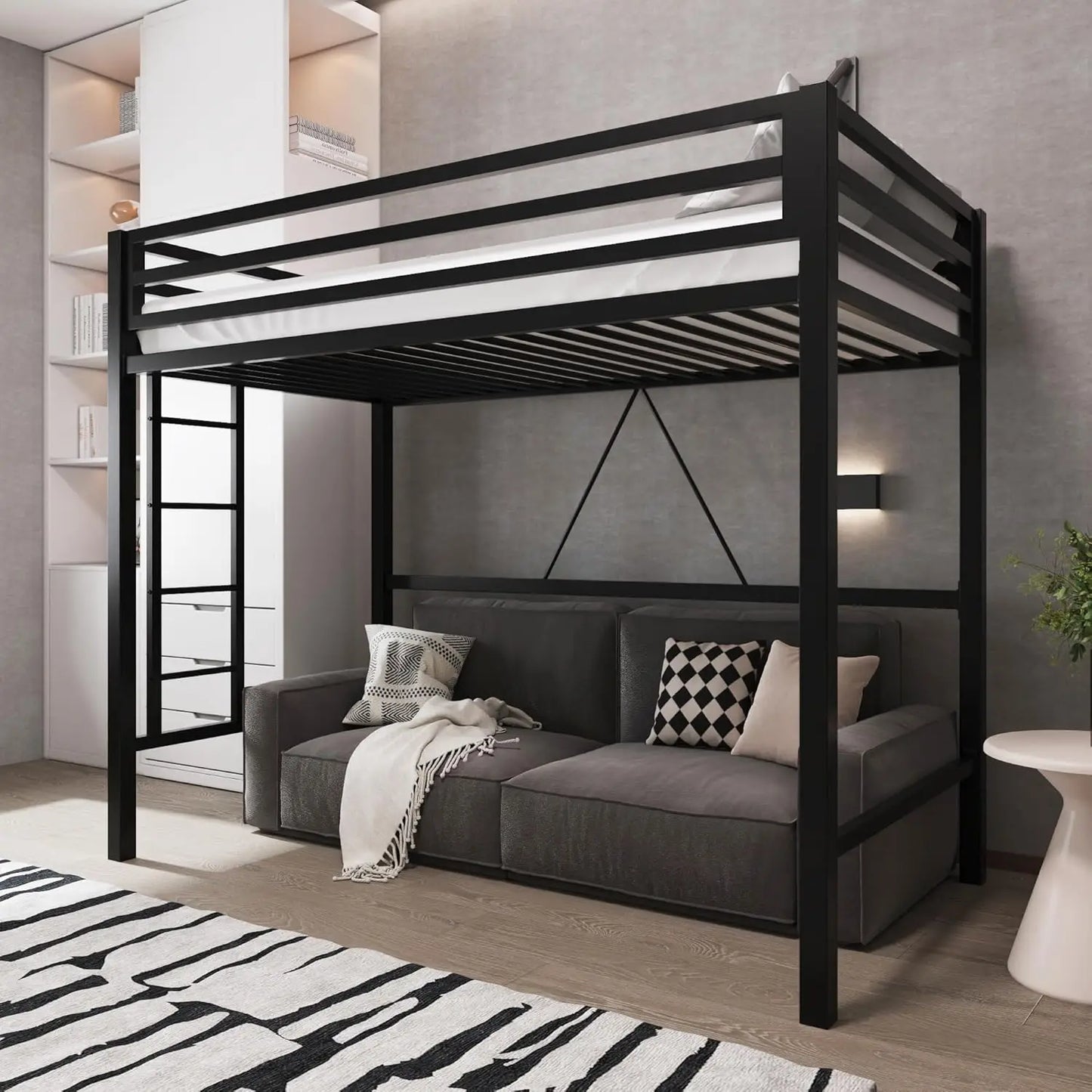 Metal Loft Bed With Guardrail And Ladder For Small Spaces