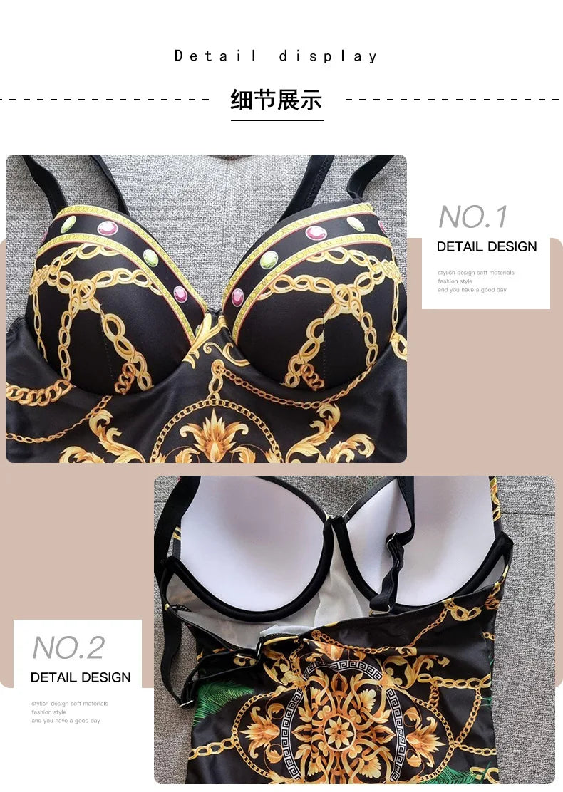 Underwire Push Up Women's Two Piece Bikini Swimsuit Chains Print