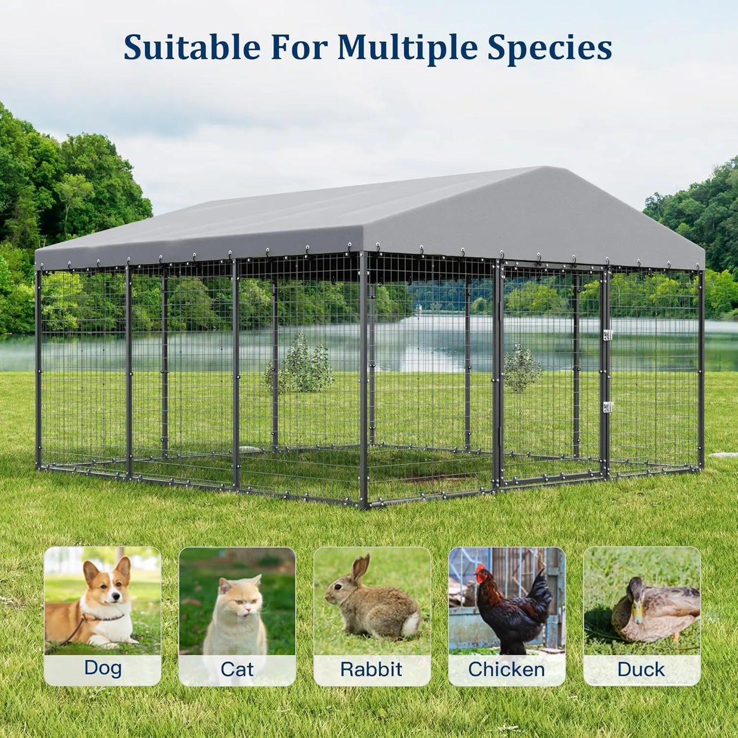 Galvanized Steel Dog Kennel With Double Locks UV Roof Cover