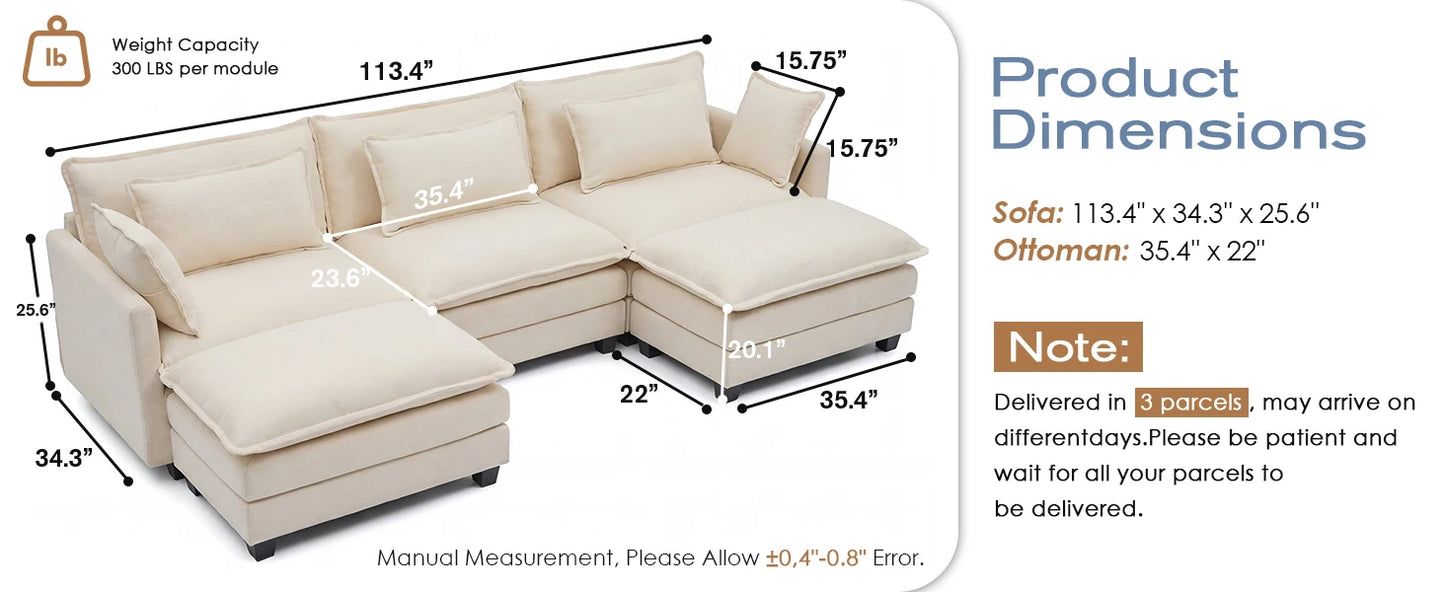 Redlife Modular Sectional Sofa With Ottoman For Living Room
