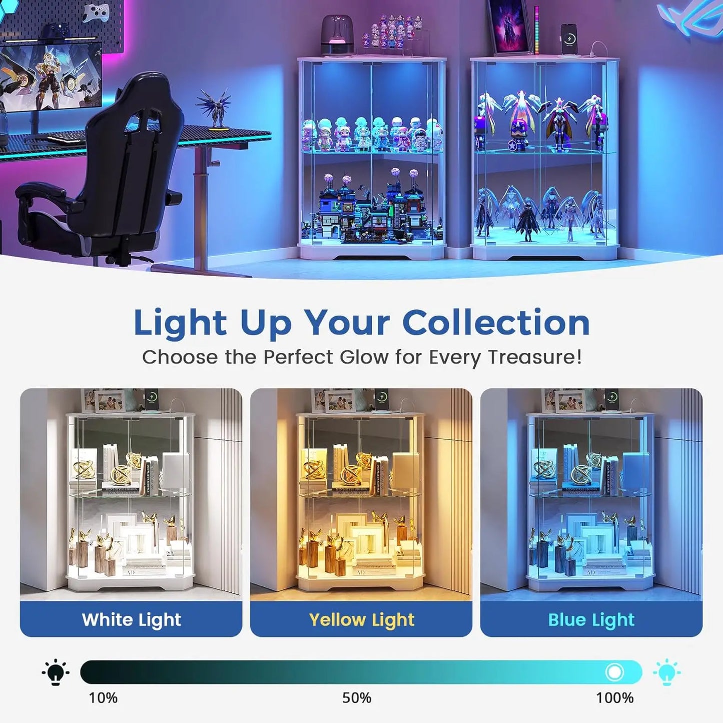 ZHILU Corner Curio Cabinet With Glass Doors LED Charging Station