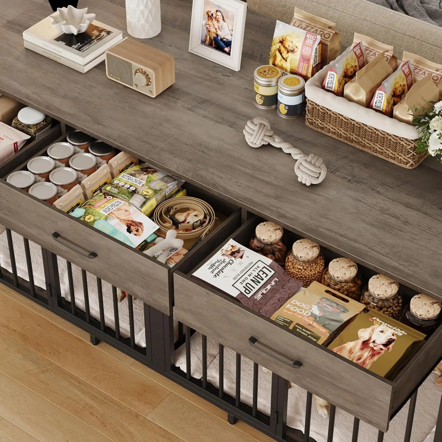 Double Dog Crate Furniture With Drawers And Removable Divider