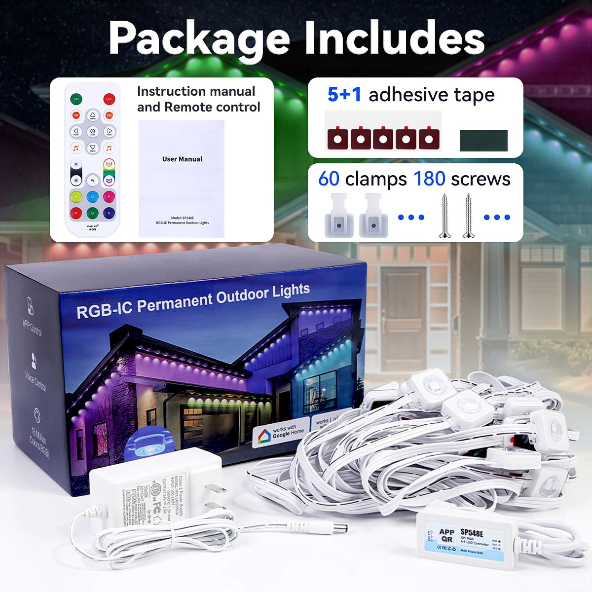 Smart RGB Northern Lights Outdoor Eaves String Lights 100ft 60 LEDs IP68 Waterproof for Christmas Parties and Holidays